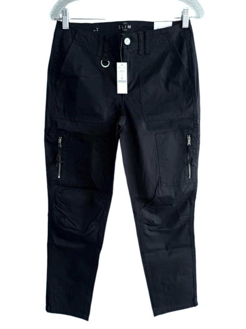 NEW WHBM Utility Pants Slim Crop Cargo Stretch Cotton Black Size 2